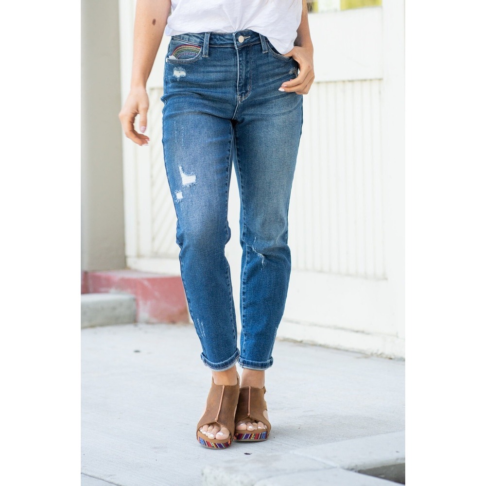Judy Blue Straight Leg JB88438 Sz 27 Embroidered Distress Over The Rainbow Jean